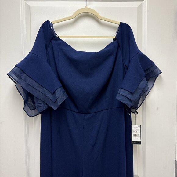 New Adrianna Papell Size 16 W Navy Off-Shoulder Organza-Sleeve Cocktail Jumpsuit - Picture 7 of 14
